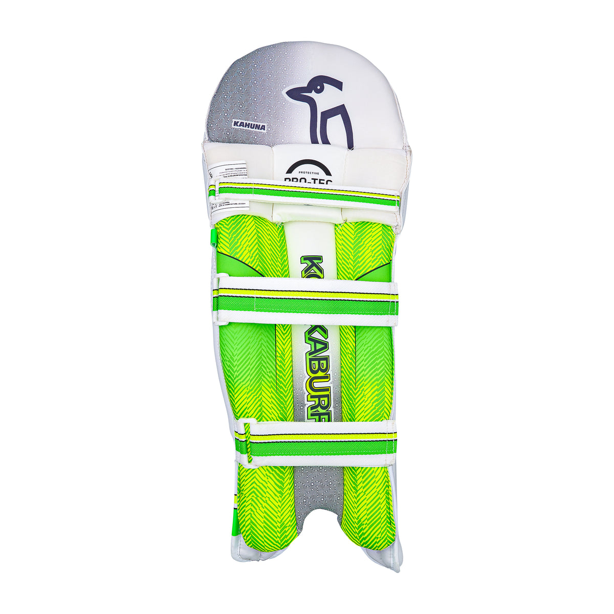 The Kookaburra Kahuna 5.1 Batting Pad 2026, a junior pad in white with green and neon yellow accents, features three straps, chevron-patterned inner cushioning, and Kookaburra branding—ideal for quality cricket protection.