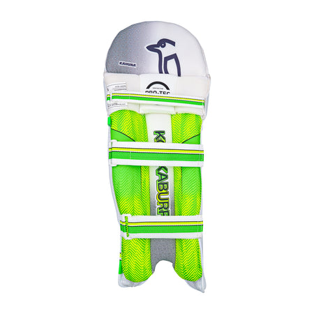 The Kookaburra Kahuna 5.1 Batting Pad 2026, a junior pad in white with green and neon yellow accents, features three straps, chevron-patterned inner cushioning, and Kookaburra branding—ideal for quality cricket protection.