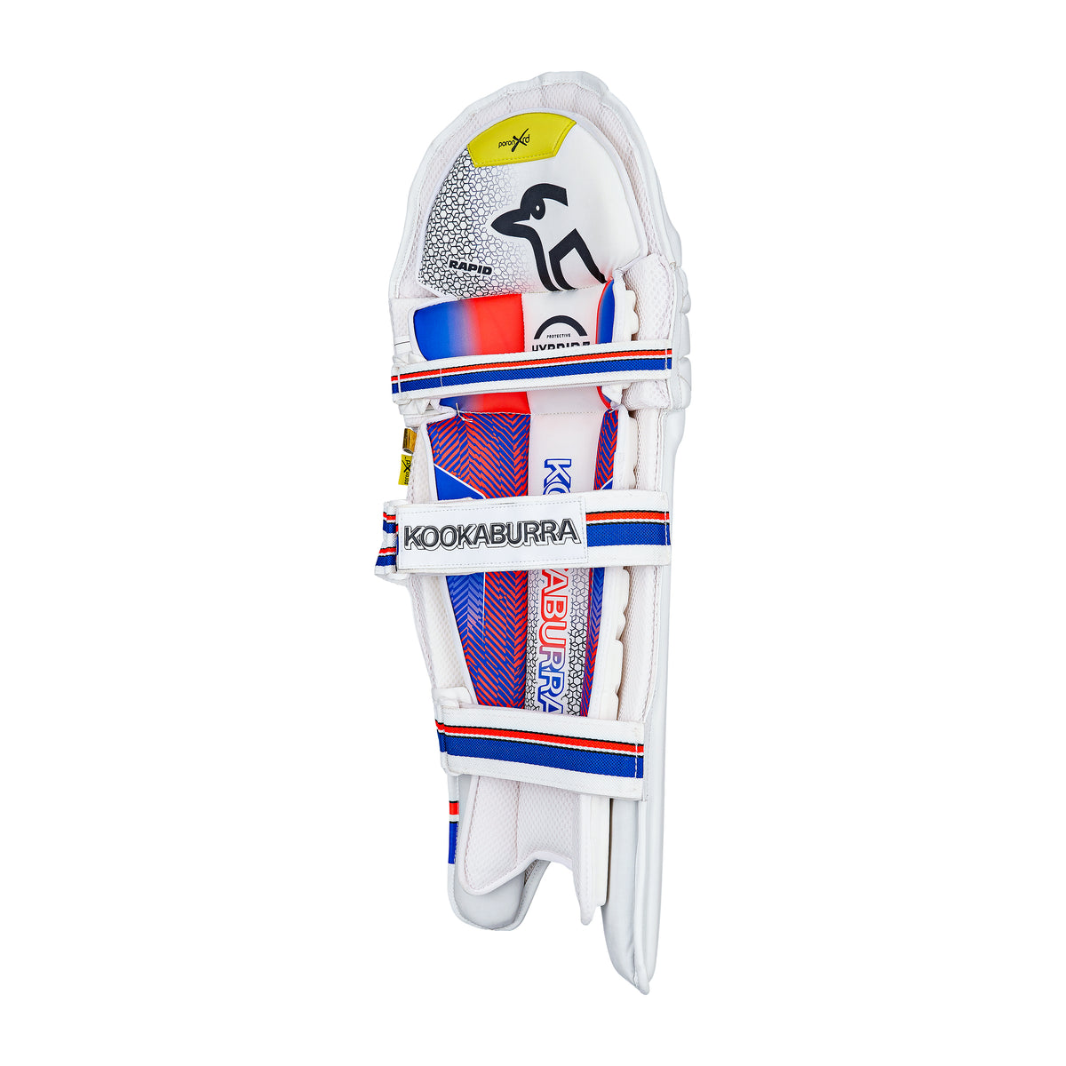 The Kookaburra Rapid Pro Batting Pads 2026 are white with blue, red, and yellow accents, feature three adjustable straps for a secure fit, and provide excellent impact protection. Branded with the Kookaburra name and logo; ideal for all levels.