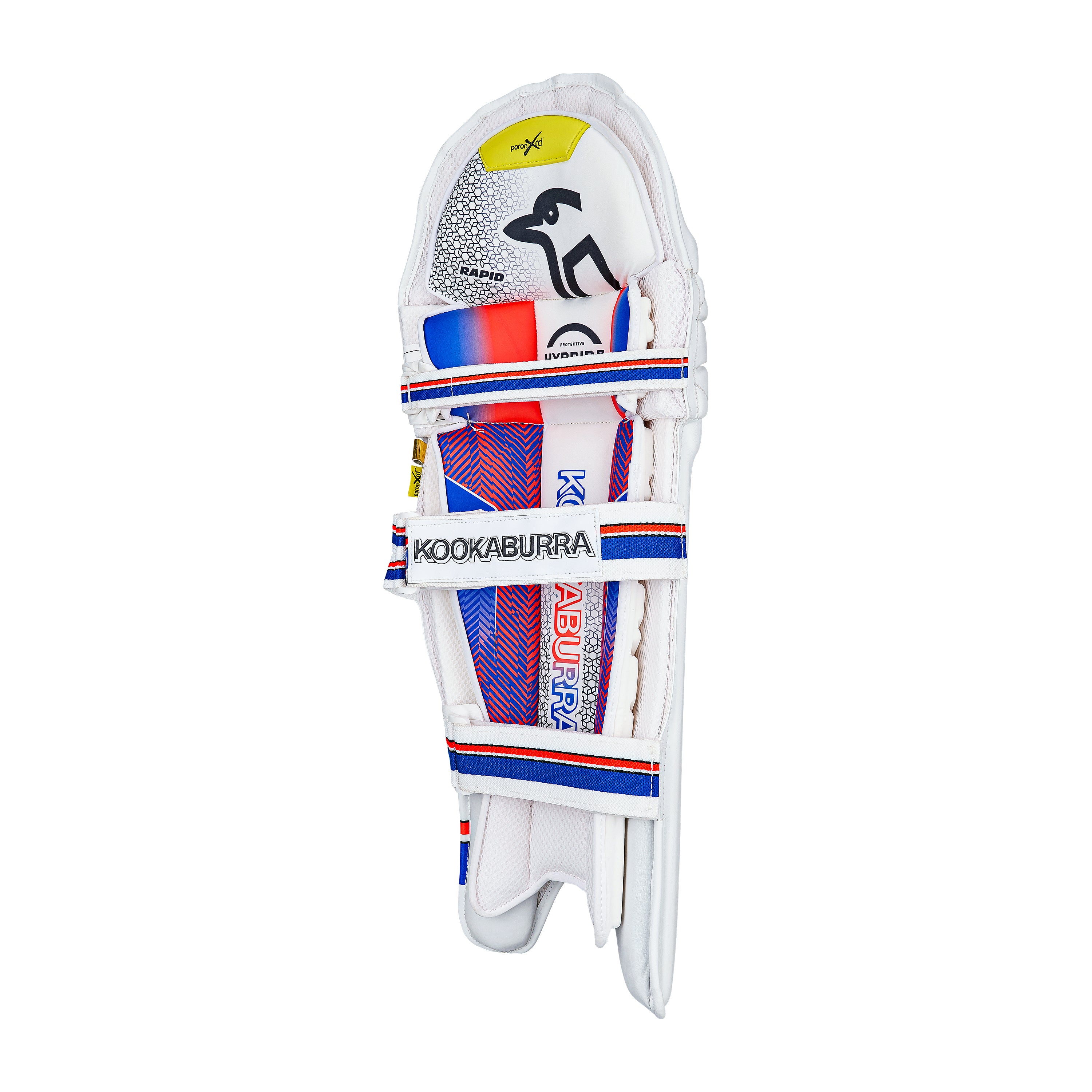 The Kookaburra Rapid Pro Batting Pads 2026 are white with blue, red, and yellow accents, feature three adjustable straps for a secure fit, and provide excellent impact protection. Branded with the Kookaburra name and logo; ideal for all levels.