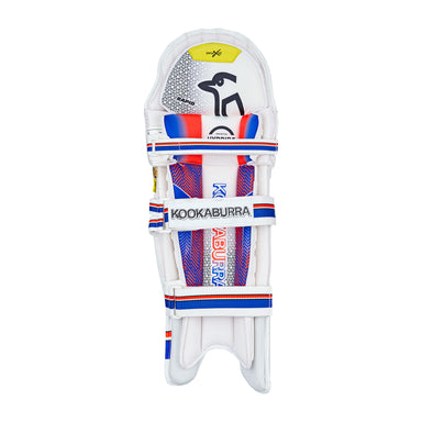 The Kookaburra Rapid Pro Batting Pads 2026 provide impact protection, red, blue, and black accents, multiple straps, and the iconic Kookaburra logo—ideal for serious cricket players.