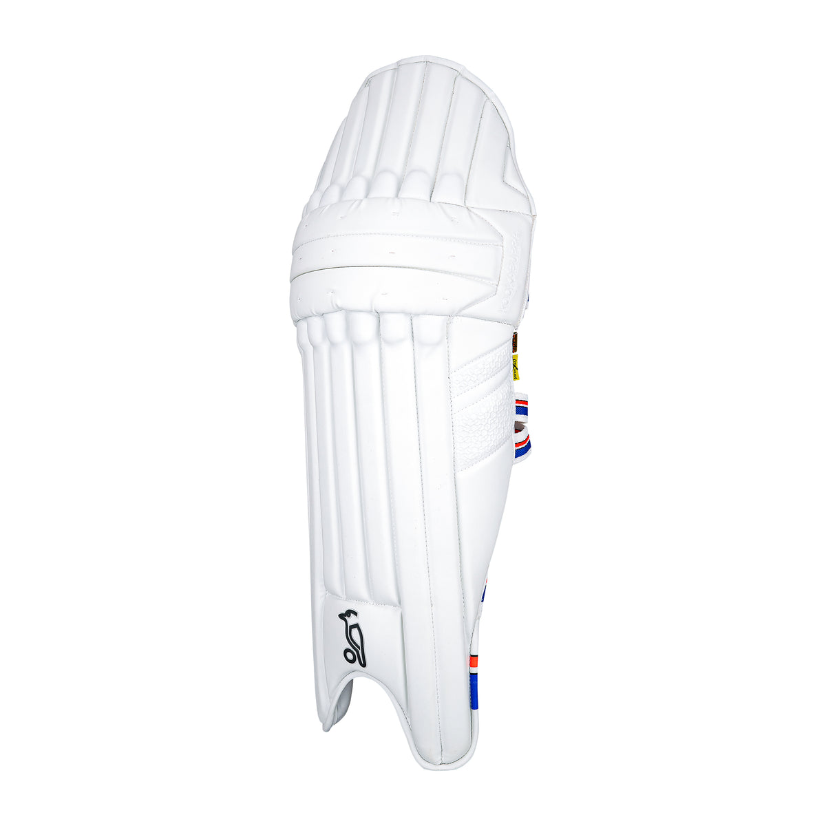 The Kookaburra Rapid Pro Batting Pads 2026 feature vertical padding, a lower logo, and colored side straps for superior impact protection. Shown in white by Kookaburra against a plain white background.