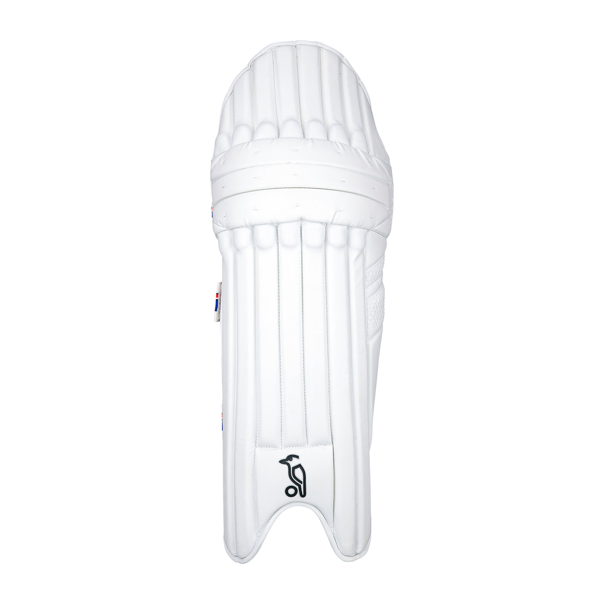 The Kookaburra Rapid Pro Batting Pads 2026, in white with vertical padding and a small black logo near the bottom center, photographed on a plain white background, offer Test Match level protection.