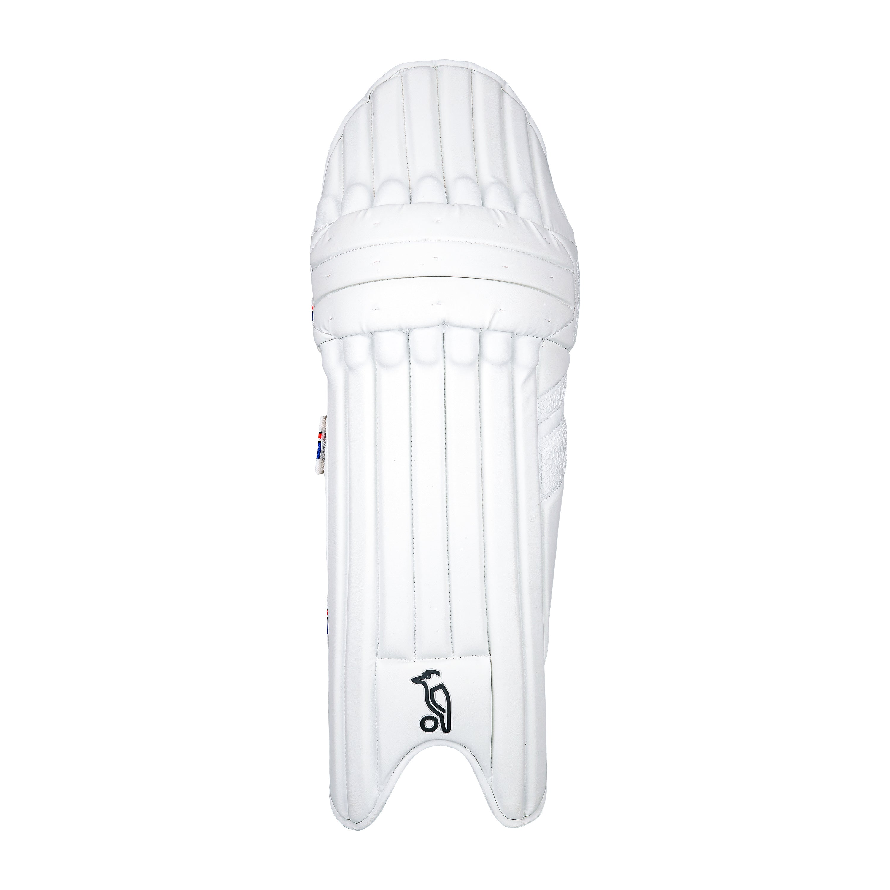 The Kookaburra Rapid Pro Batting Pads 2026, in white with vertical padding and a small black logo near the bottom center, photographed on a plain white background, offer Test Match level protection.