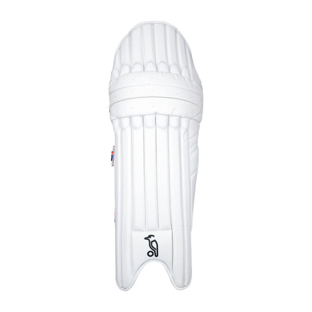 The Kookaburra Rapid Pro Batting Pads 2026, in white with vertical padding and a small black logo near the bottom center, photographed on a plain white background, offer Test Match level protection.