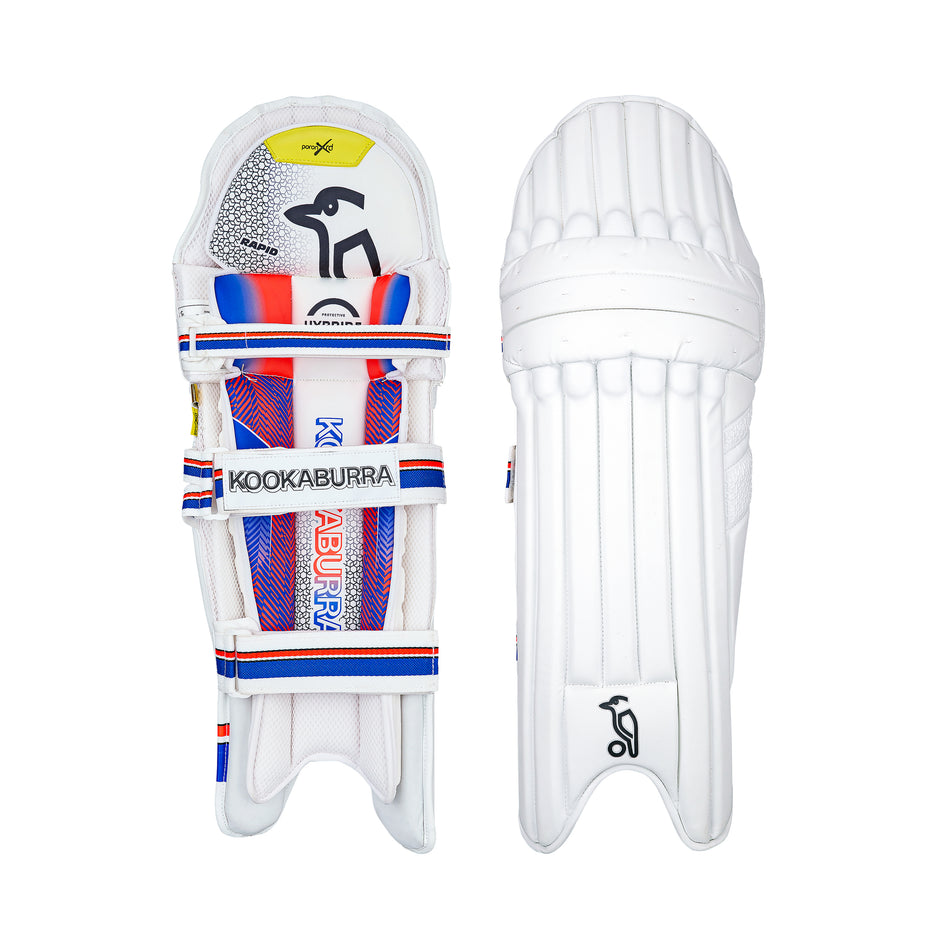Two Kookaburra Rapid Pro Batting Pads 2026 are shown: one highlights the colorful straps and inner branding, while the other displays the white ridged outer, small Kookaburra logo, and advanced impact protection for cricket players.