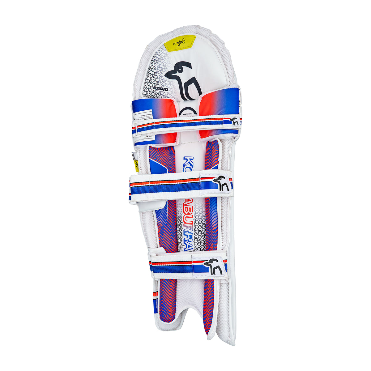 The Kookaburra Rapid 2.1 Batting Pads 2026 feature white, blue, and red accents, multiple securing straps, prominent Kookaburra logos on the front, and advanced protection designed for cricket players.