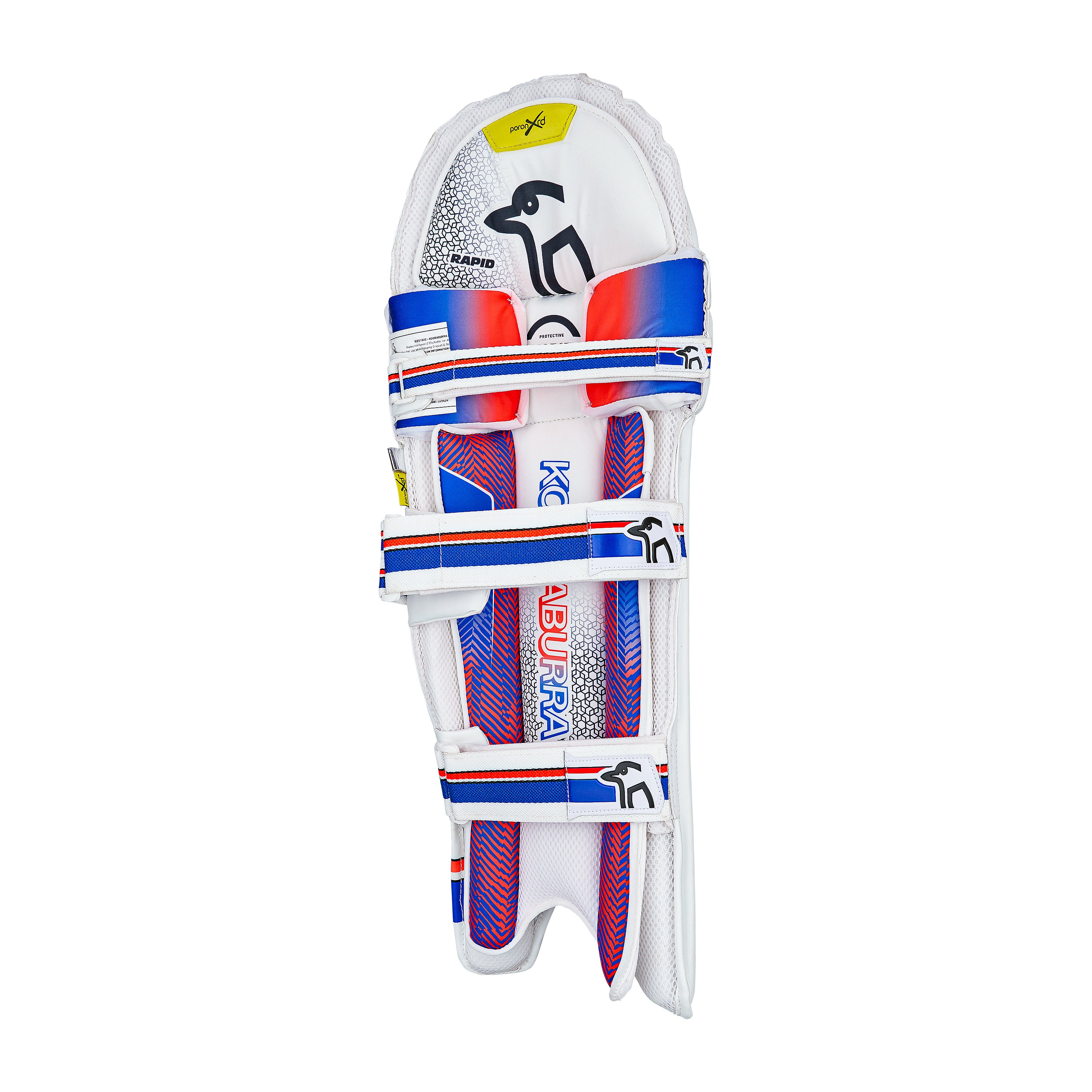 The Kookaburra Rapid 2.1 Batting Pads 2026 feature white, blue, and red accents, multiple securing straps, prominent Kookaburra logos on the front, and advanced protection designed for cricket players.