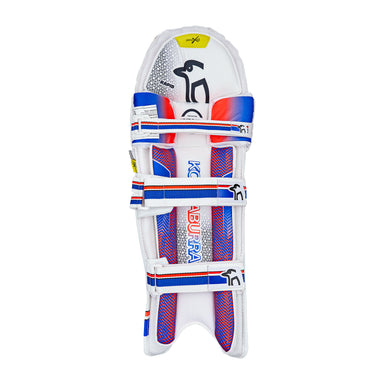 The Kookaburra Rapid 2.1 Batting Pads 2026 feature a white design with blue, red, and black accents, three adjustable straps, inner padding, and visible Kookaburra branding—providing advanced protection and style for cricket players.