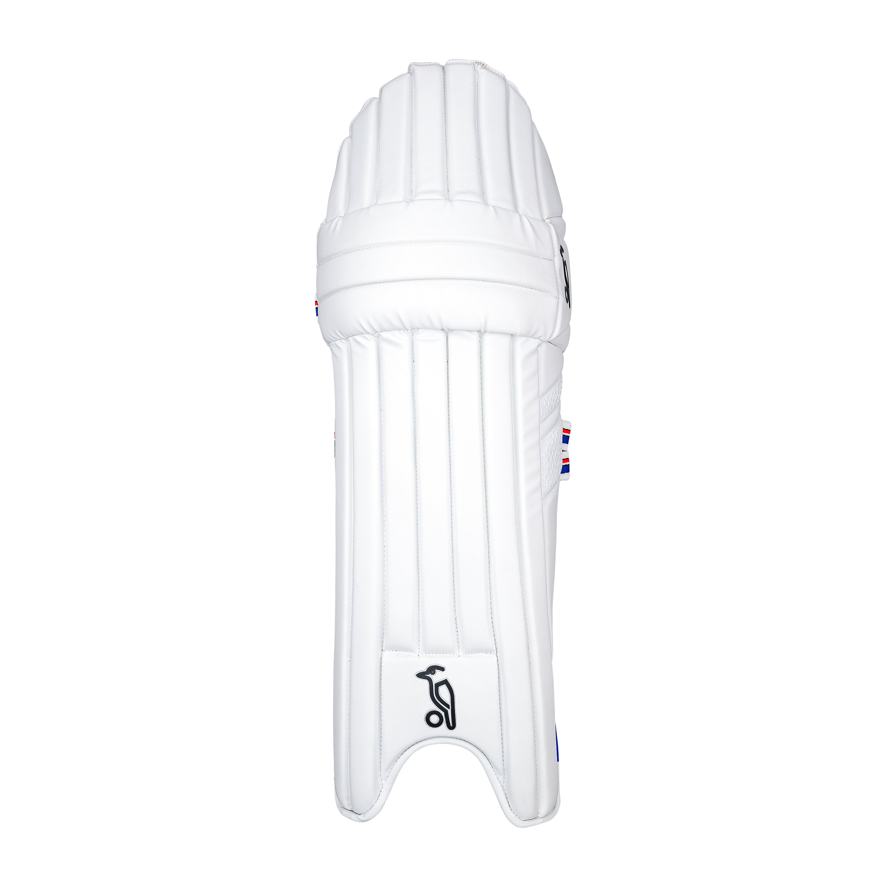 A single Kookaburra Rapid 2.1 Batting Pad 2026 in white features vertical padding, front stitching, and a small black logo near the bottom—offering advanced protection for quality-focused players.