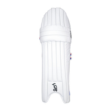 A single Kookaburra Rapid 2.1 Batting Pad 2026 in white features vertical padding, front stitching, and a small black logo near the bottom—offering advanced protection for quality-focused players.