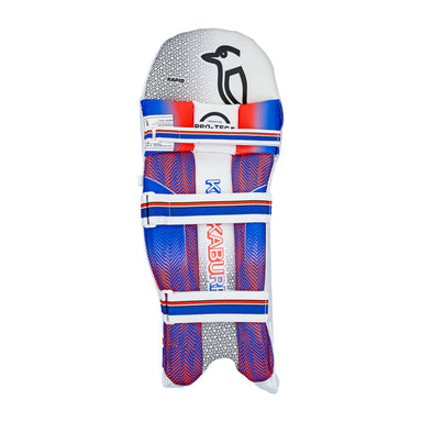 The Kookaburra Rapid 4.1 Batting Pads 2026 features a white, red, and blue design with straps, a penguin logo at the top, and Kookaburra branding on the inner side—ideal protective gear for club cricketers.