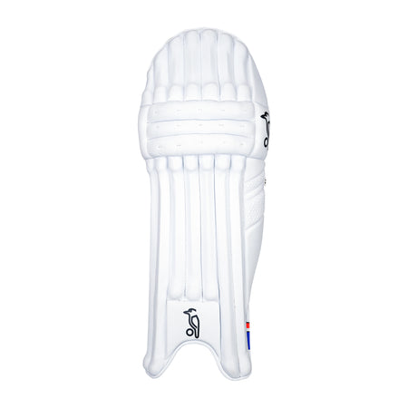 The white Kookaburra Rapid 4.1 Batting Pads 2026 by Kookaburra feature vertical padding, stitched lines, and a small black logo—shown against a plain white background—perfect for club cricketers seeking reliable protection.