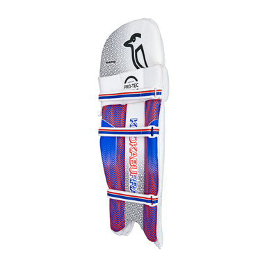 The Kookaburra Rapid 6.1 Batting Pads 2026 feature a white, blue, and red design with adjustable straps and penguin logo branding—lightweight, entry-level cricket pads shown upright against a white background.