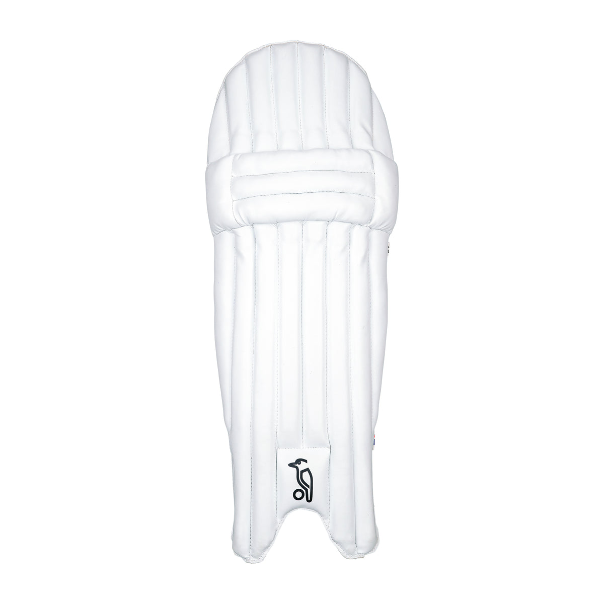 The Kookaburra Rapid 6.1 Batting Pads 2026 by Kookaburra feature vertical padding lines, detailed stitching, and a black logo near the bottom—lightweight and ideal entry-level cricket pads, shown here in white on a plain background.