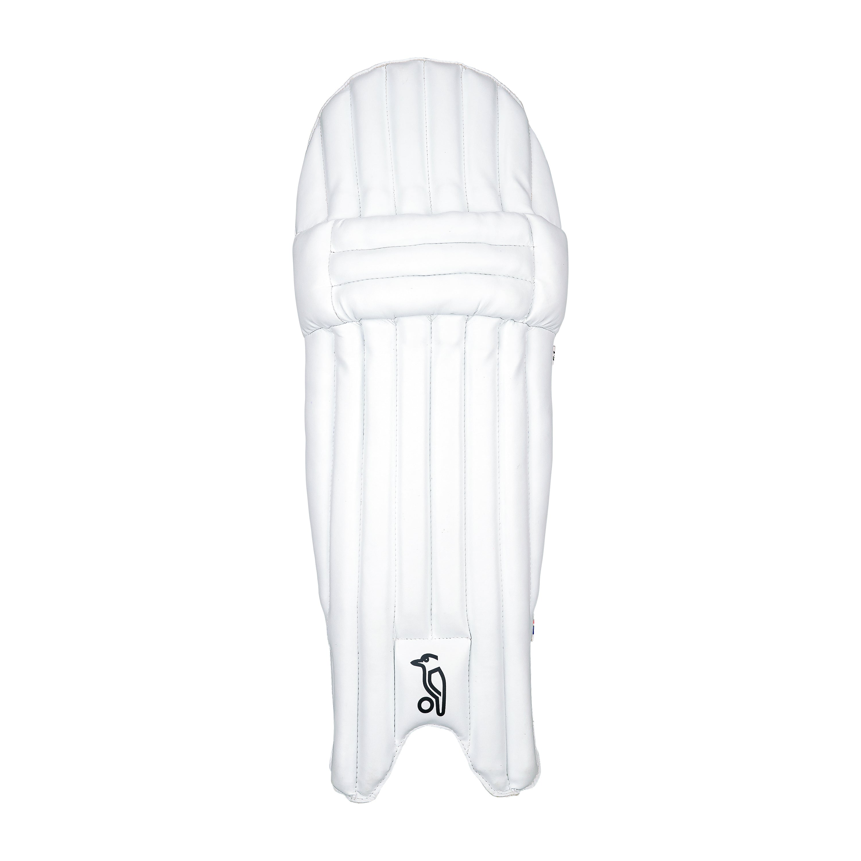 The Kookaburra Rapid 6.1 Batting Pads 2026 by Kookaburra feature vertical padding lines, detailed stitching, and a black logo near the bottom—lightweight and ideal entry-level cricket pads, shown here in white on a plain background.