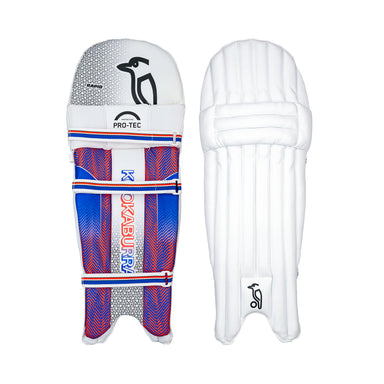 The Kookaburra Rapid 6.1 Batting Pads 2026 by Kookaburra are entry-level cricket pads with a vibrant blue, red, and white front, a plain white back with padded straps, and the iconic bird logo for lightweight protection.