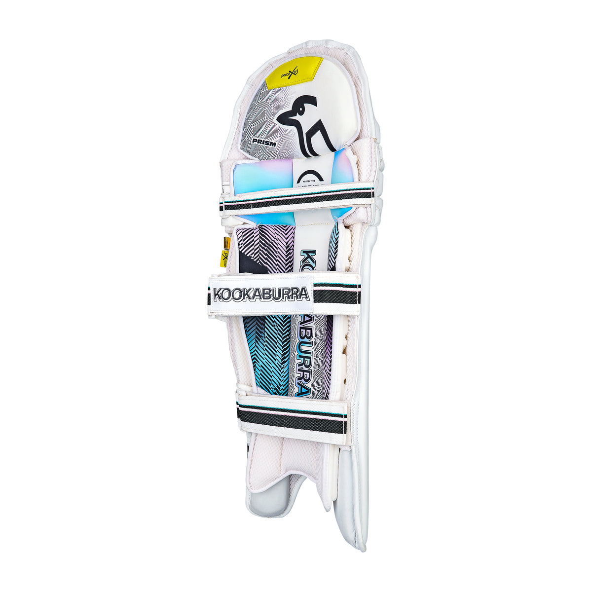 The Kookaburra Prism Pro Batting Pads 2026 are white with black straps, blue and pink accents, and Kookaburra logos on the shin and strap. Featuring Poron XRD protection, the front view highlights their detailed design.
