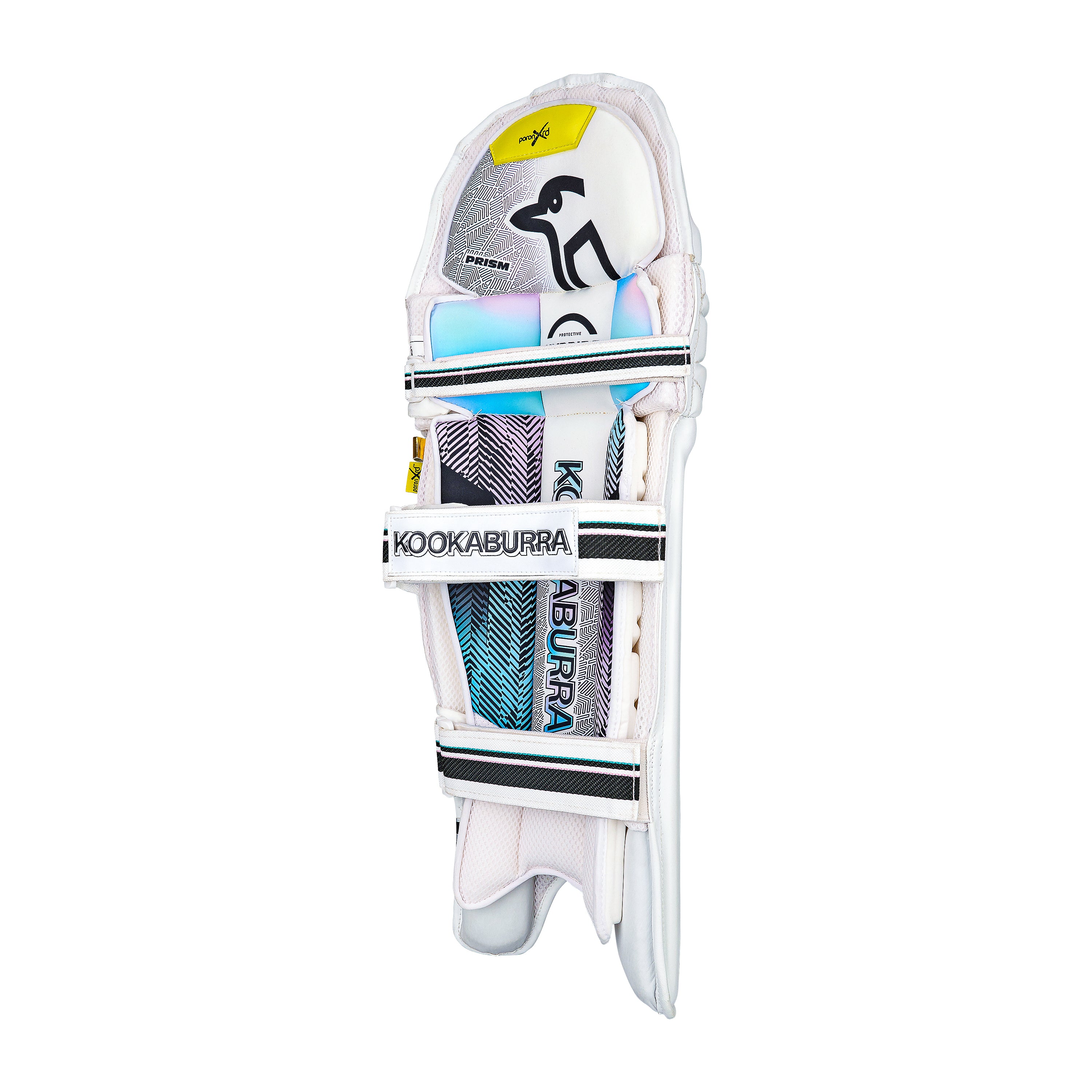 The Kookaburra Prism Pro Batting Pads 2026 are white with black straps, blue and pink accents, and Kookaburra logos on the shin and strap. Featuring Poron XRD protection, the front view highlights their detailed design.