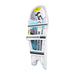 The Kookaburra Prism Pro Batting Pads 2026 are white with black straps, blue and pink accents, and Kookaburra logos on the shin and strap. Featuring Poron XRD protection, the front view highlights their detailed design.