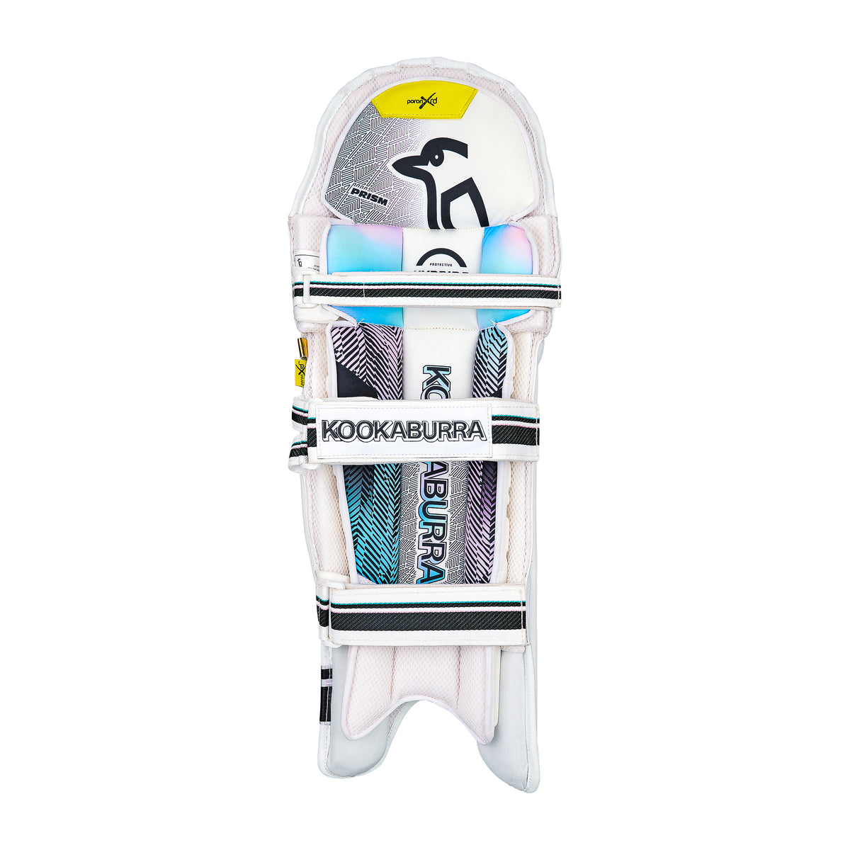 The Kookaburra Prism Pro Batting Pads 2026 feature white, blue, and black accents, visible straps, brand logo, and advanced Poron XRD protection for top-level cricket batting.