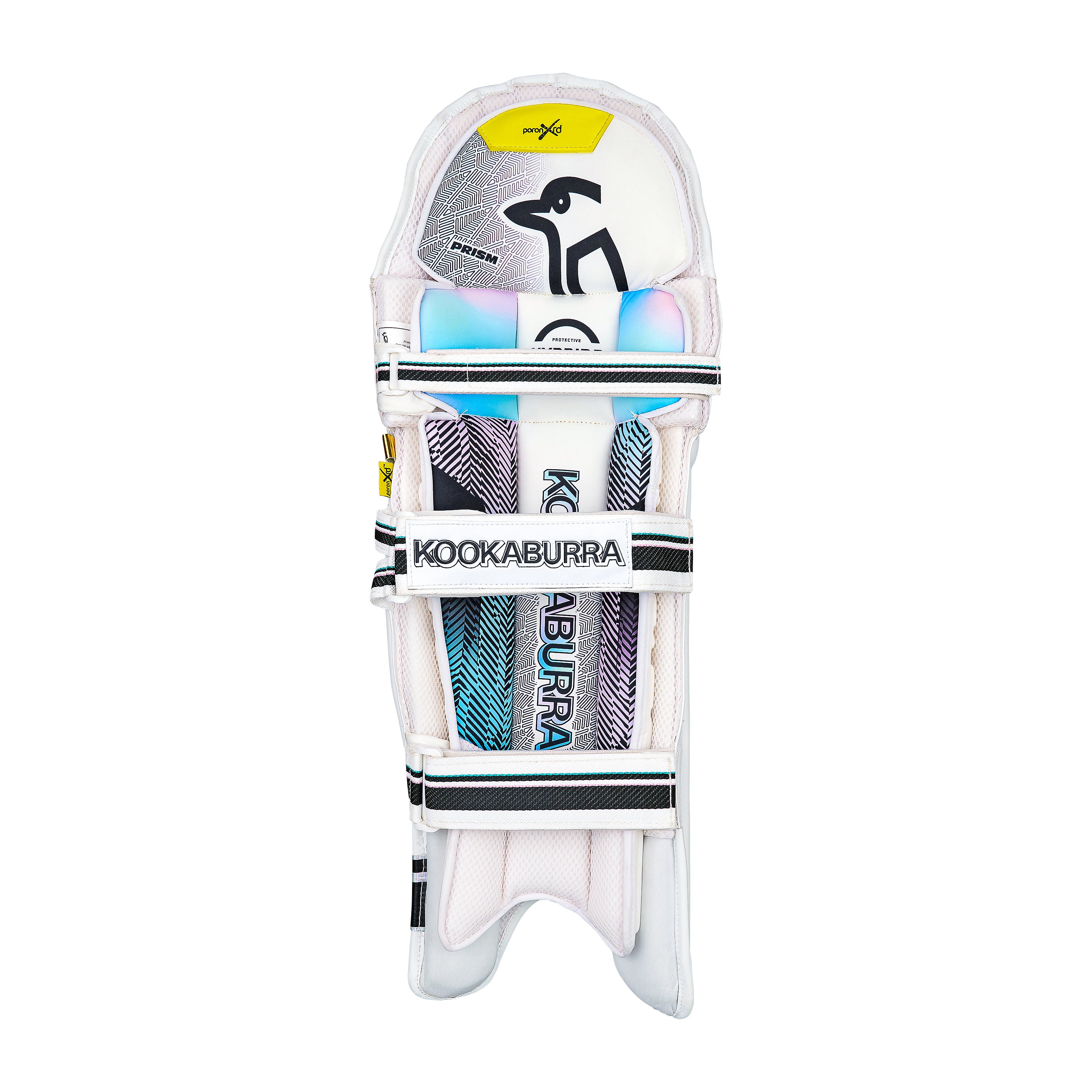 The Kookaburra Prism Pro Batting Pads 2026 feature white, blue, and black accents, visible straps, brand logo, and advanced Poron XRD protection for top-level cricket batting.