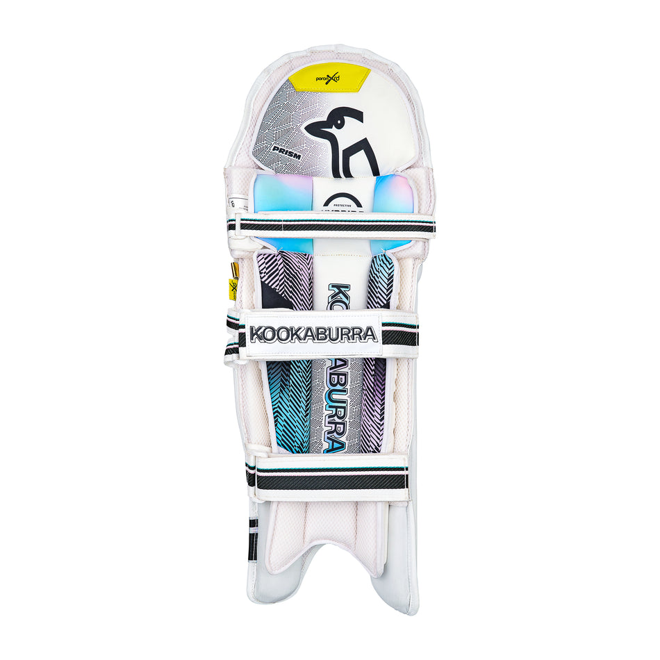 The Kookaburra Prism Pro Batting Pads 2026 feature white, blue, and black accents, visible straps, brand logo, and advanced Poron XRD protection for top-level cricket batting.