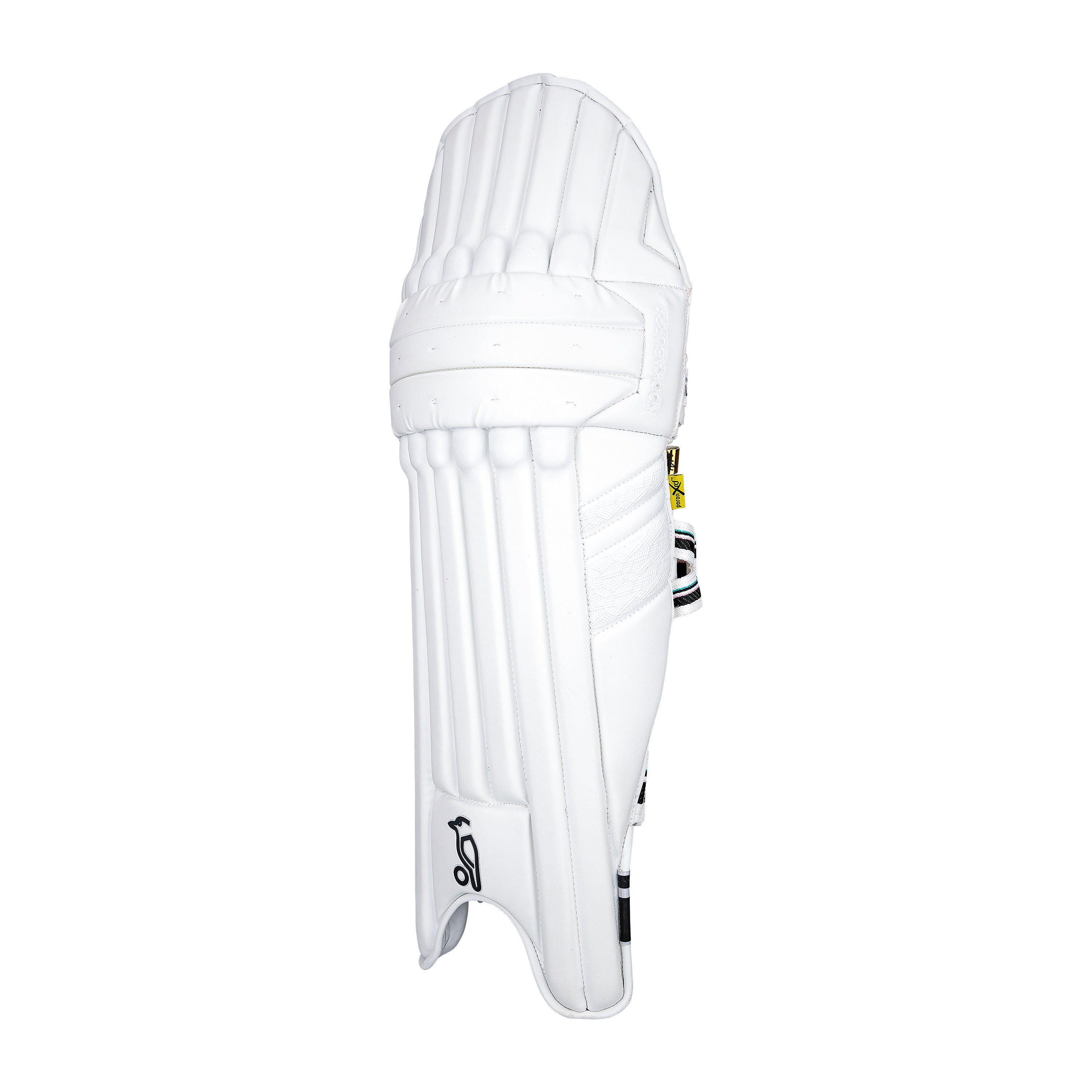 The Kookaburra Prism Pro Batting Pads 2026 are white cricket pads with vertical ridges, Poron XRD padding, secure straps, and Kookaburra branding near the bottom for enhanced leg protection.
