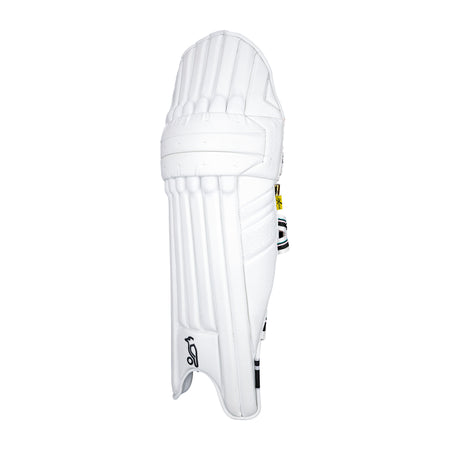 The Kookaburra Prism Pro Batting Pads 2026 are white cricket pads with vertical ridges, Poron XRD padding, secure straps, and Kookaburra branding near the bottom for enhanced leg protection.