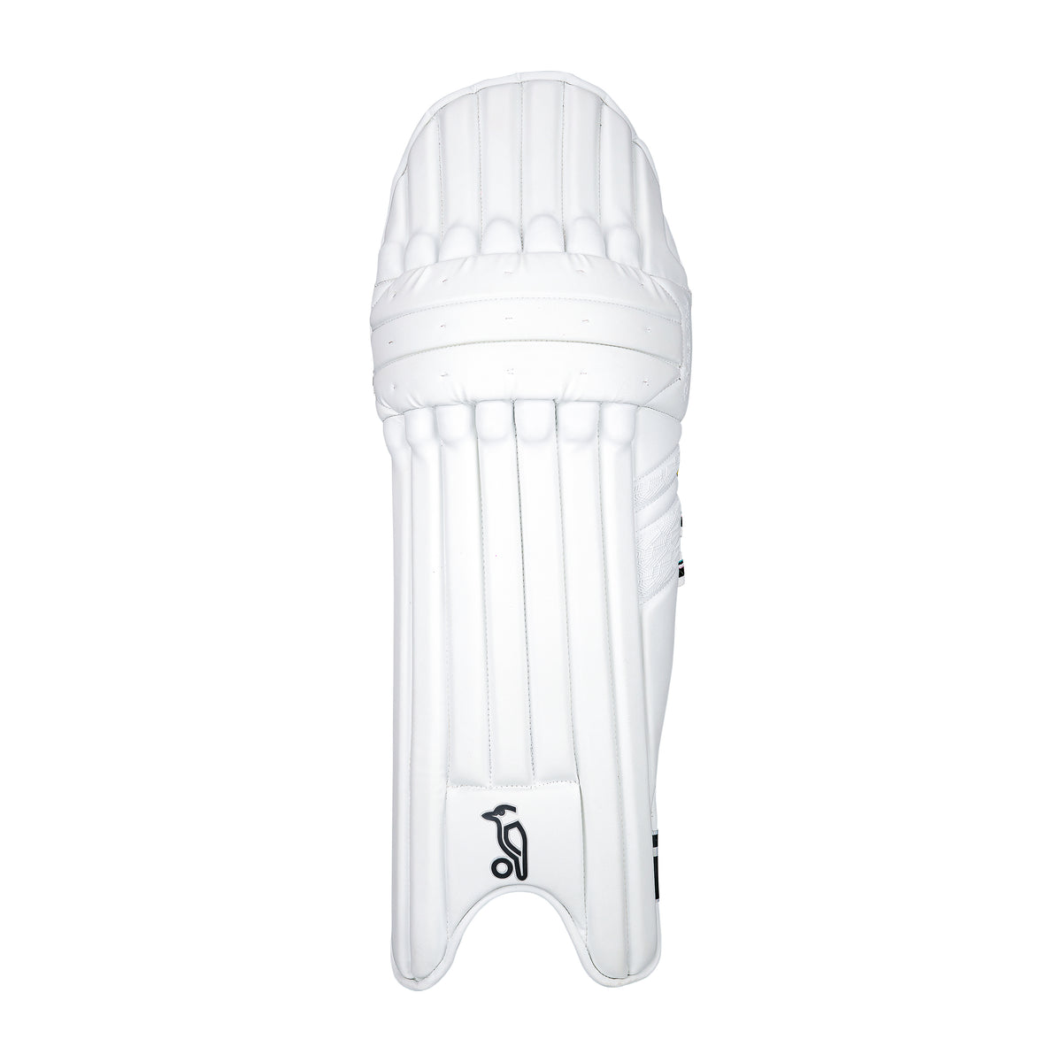 A front view of the Kookaburra Prism Pro Batting Pads 2026 by Kookaburra, featuring vertical ridges and subtle Poron XRD padding, set against a plain white background.