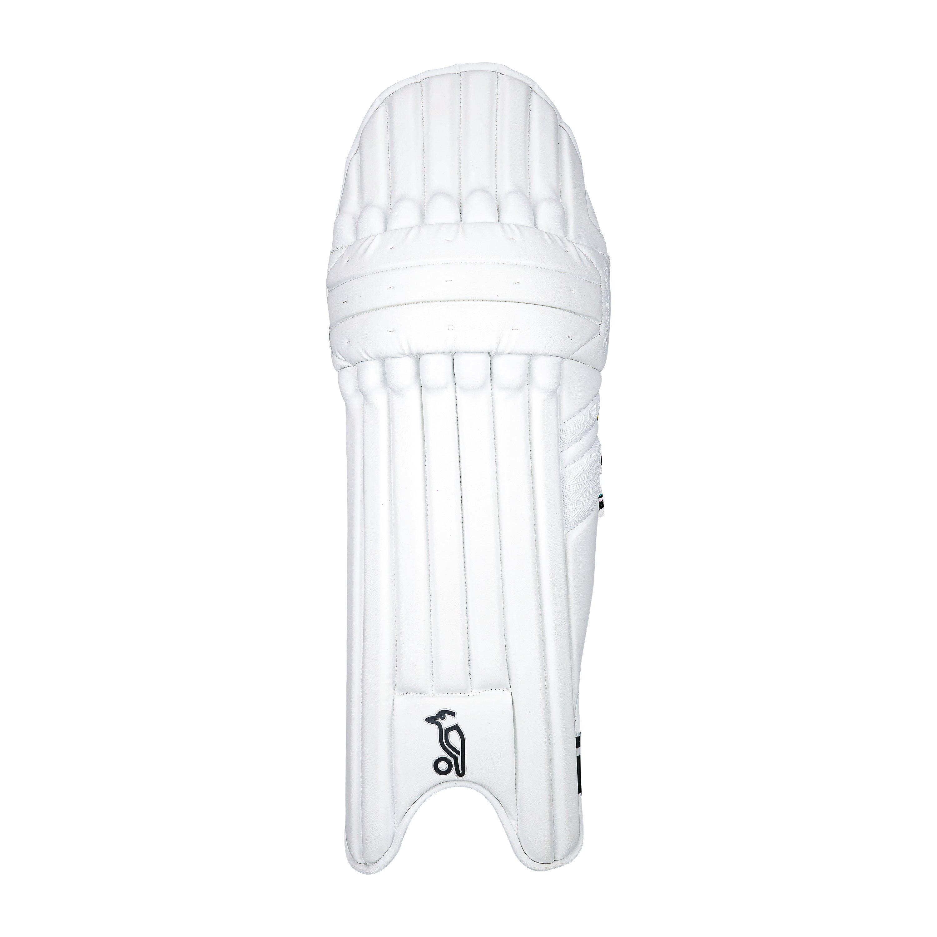A front view of the Kookaburra Prism Pro Batting Pads 2026 by Kookaburra, featuring vertical ridges and subtle Poron XRD padding, set against a plain white background.