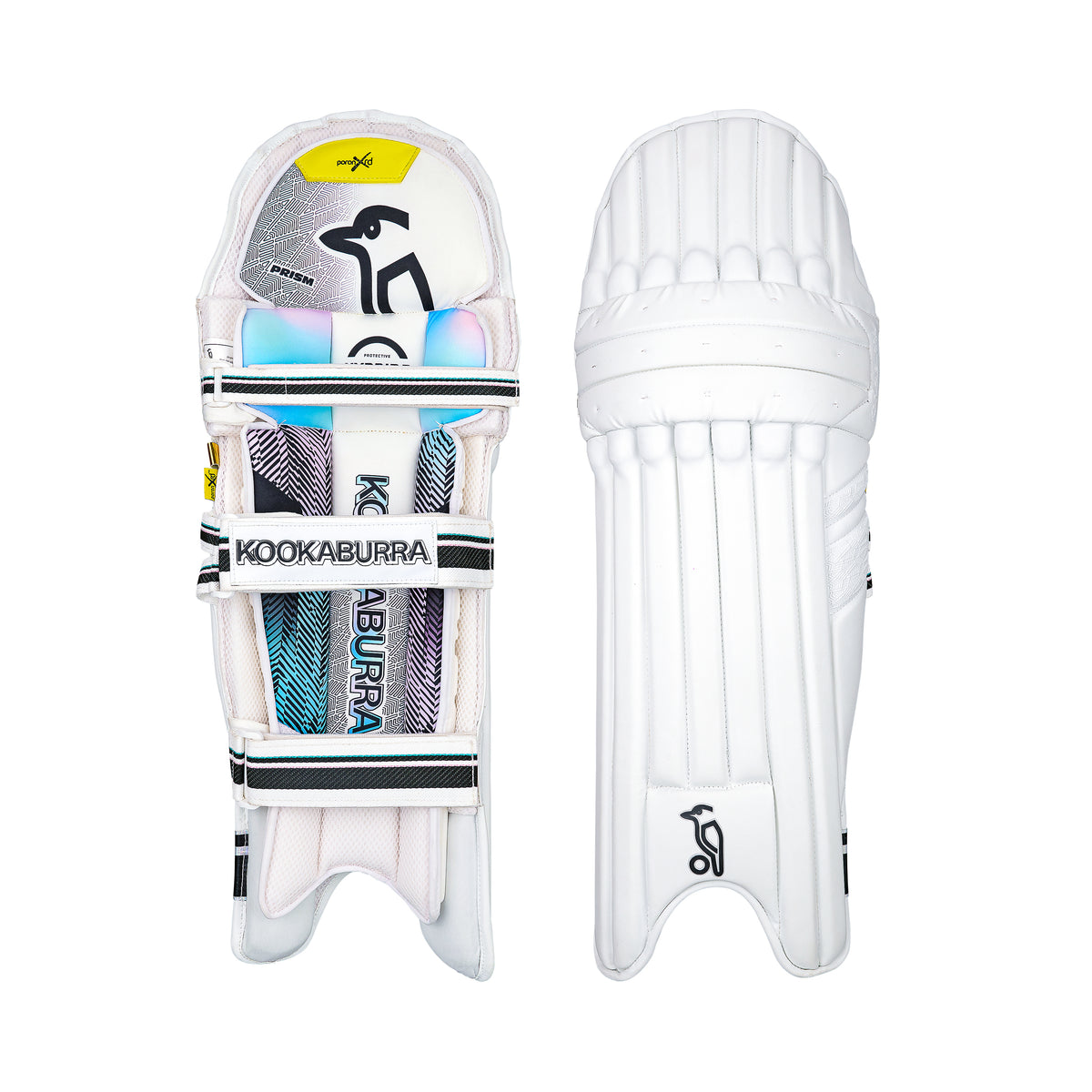 Two white Kookaburra Prism Pro Batting Pads 2026 are shown side by side: the left displays the inner side with colorful, Kookaburra-branded straps, while the right shows the plain, ribbed outer surface of these premium pads.