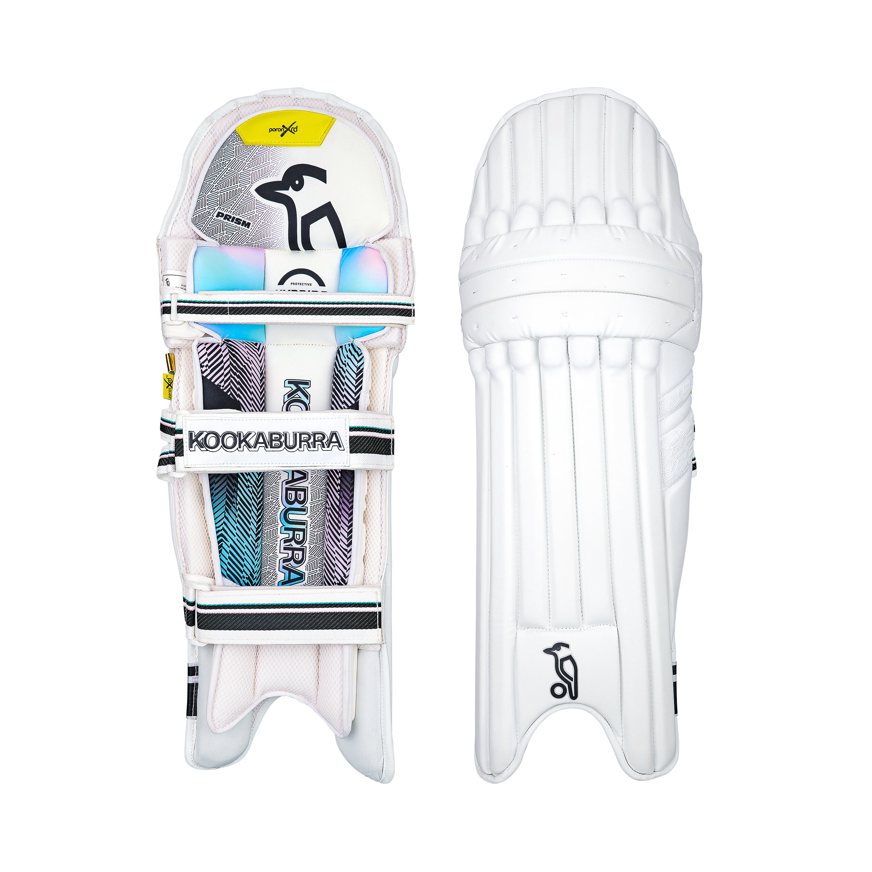 Two white Kookaburra Prism Pro Batting Pads 2026 are shown side by side: the left displays the inner side with colorful, Kookaburra-branded straps, while the right shows the plain, ribbed outer surface of these premium pads.