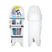 Two white Kookaburra Prism Pro Batting Pads 2026 are shown side by side: the left displays the inner side with colorful, Kookaburra-branded straps, while the right shows the plain, ribbed outer surface of these premium pads.