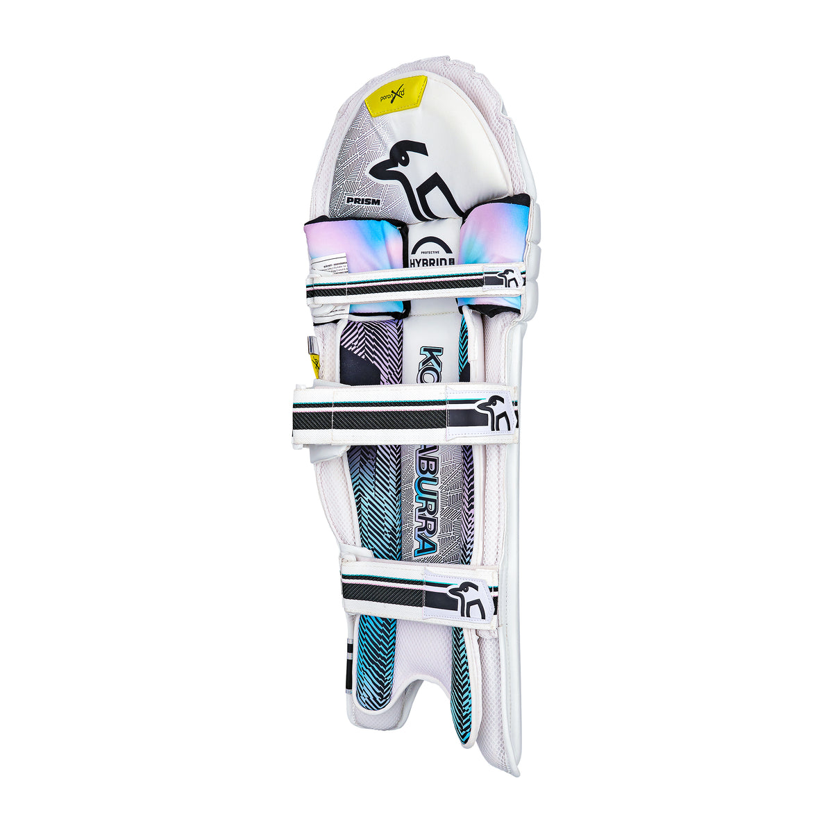 The Kookaburra Prism 2.1 Batting Pads 2026 in white feature three adjustable straps, colorful accents, and the Kookaburra branding, designed for advanced club cricketers and shown upright against a plain white background.