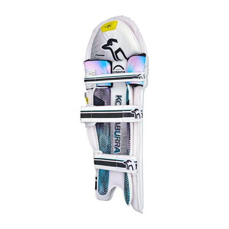 The Kookaburra Prism 2.1 Batting Pads 2026 in white feature three adjustable straps, colorful accents, and the Kookaburra branding, designed for advanced club cricketers and shown upright against a plain white background.