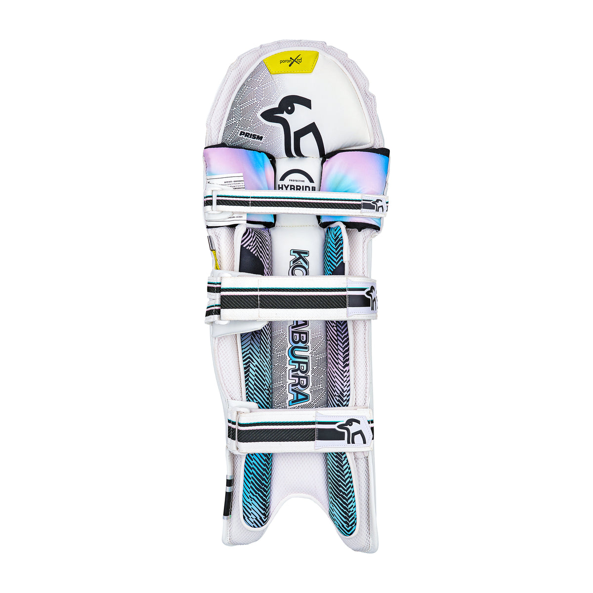 The Kookaburra Prism 2.1 Batting Pads 2026 feature a white design with blue and black accents, padded straps, and bold branding, offering advanced protection for club cricketers.