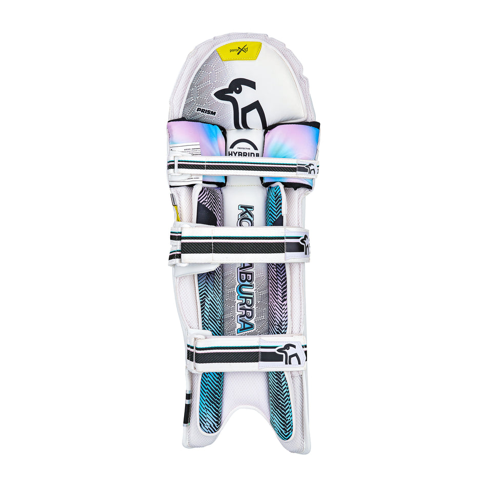 The Kookaburra Prism 2.1 Batting Pads 2026 feature a white design with blue and black accents, padded straps, and bold branding, offering advanced protection for club cricketers.