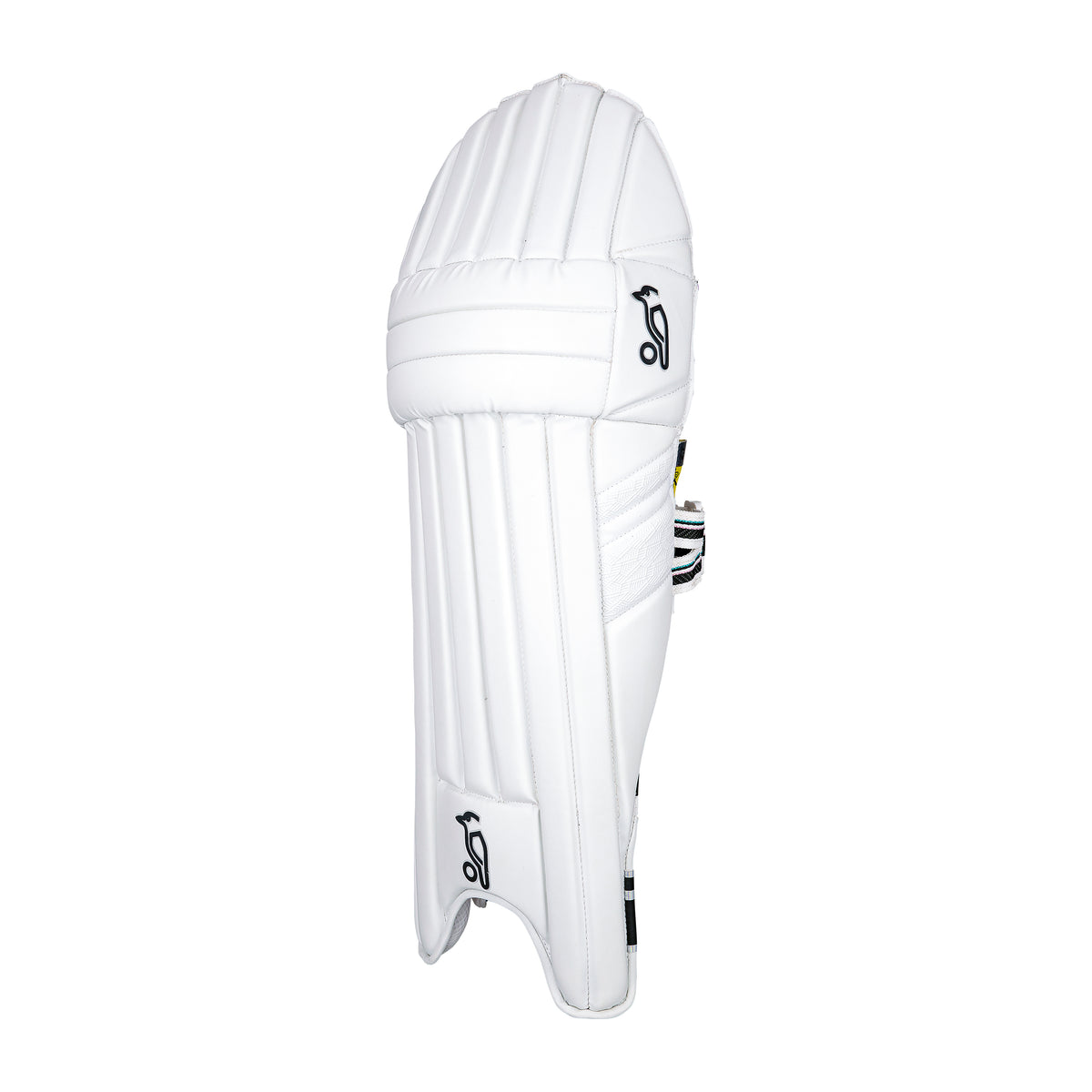 A single Kookaburra Prism 2.1 Batting Pad 2026 in white with black logos and vertical padded sections, shown from the front and side—ideal for advanced club cricketers seeking quality protection.