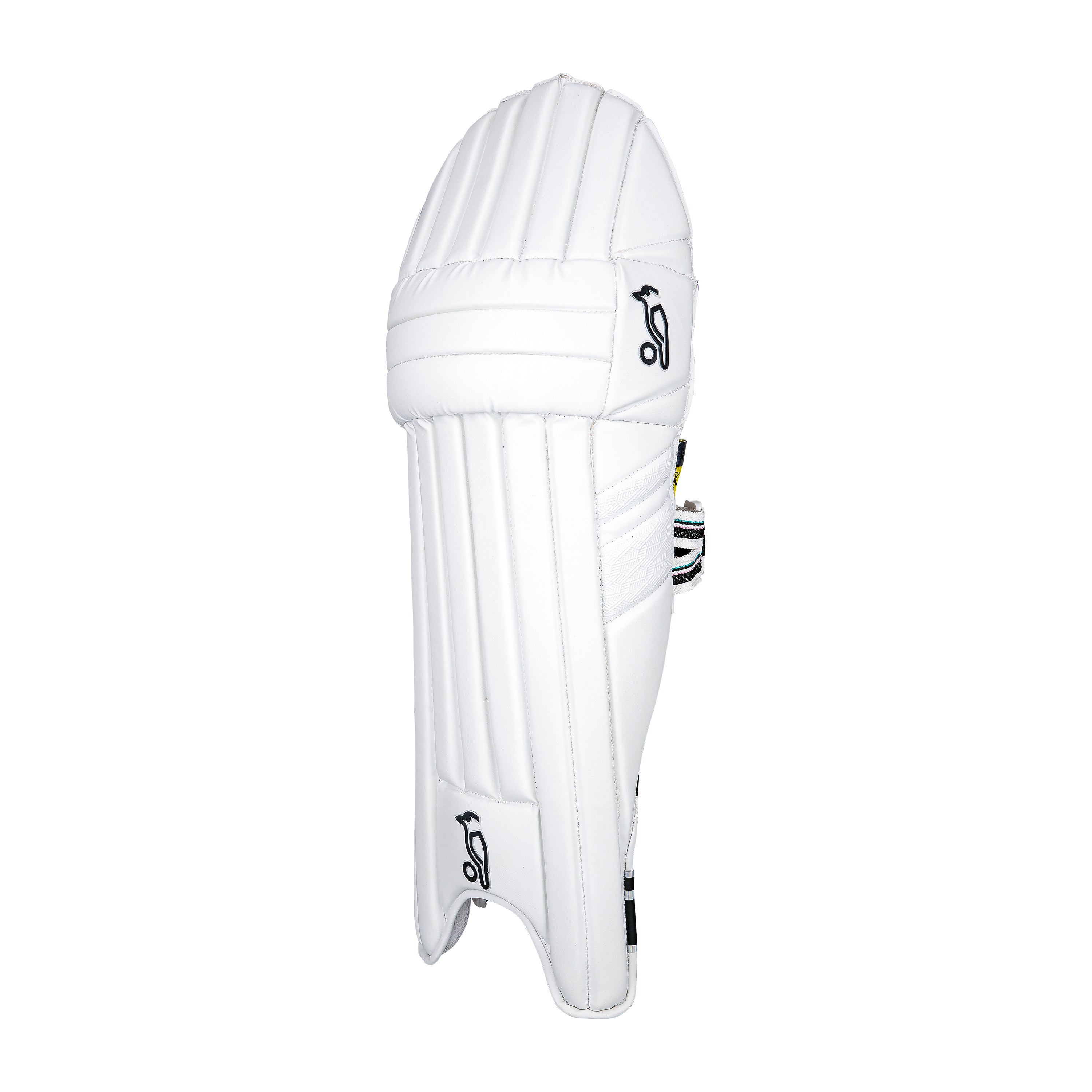 A single Kookaburra Prism 2.1 Batting Pad 2026 in white with black logos and vertical padded sections, shown from the front and side—ideal for advanced club cricketers seeking quality protection.