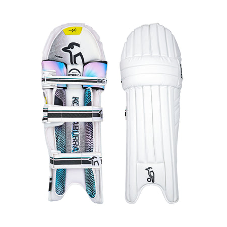 The Kookaburra Prism 2.1 Batting Pads 2026, designed for advanced club cricketers, feature black and teal accents, adjustable straps, and the Kookaburra bird logo on both sides, shown from the front and back.