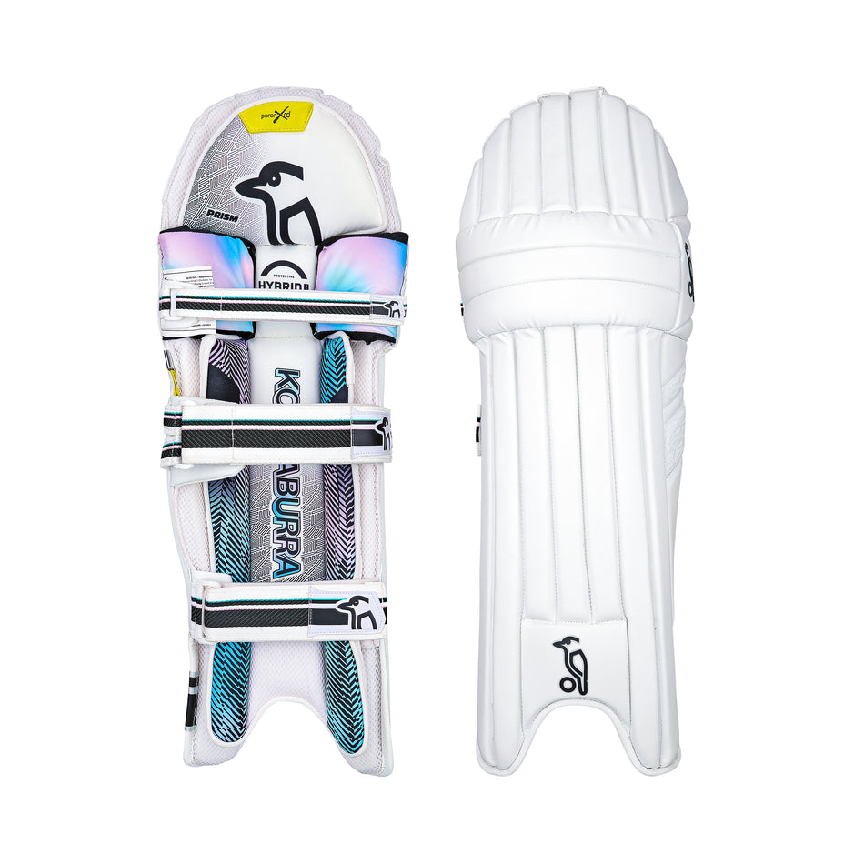 The Kookaburra Prism 2.1 Batting Pads 2026, designed for advanced club cricketers, feature black and teal accents, adjustable straps, and the Kookaburra bird logo on both sides, shown from the front and back.