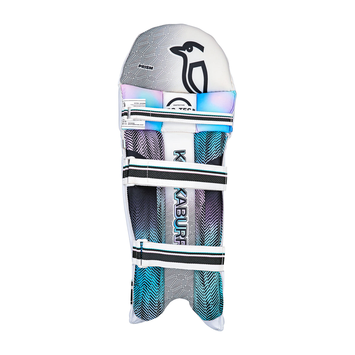 The Kookaburra Prism 4.1 Batting Pads 2026 by Kookaburra feature three padded Velcro straps, a bold logo on top, and white inner padding with blue and purple accents—ideal club-level protection for cricket batting.