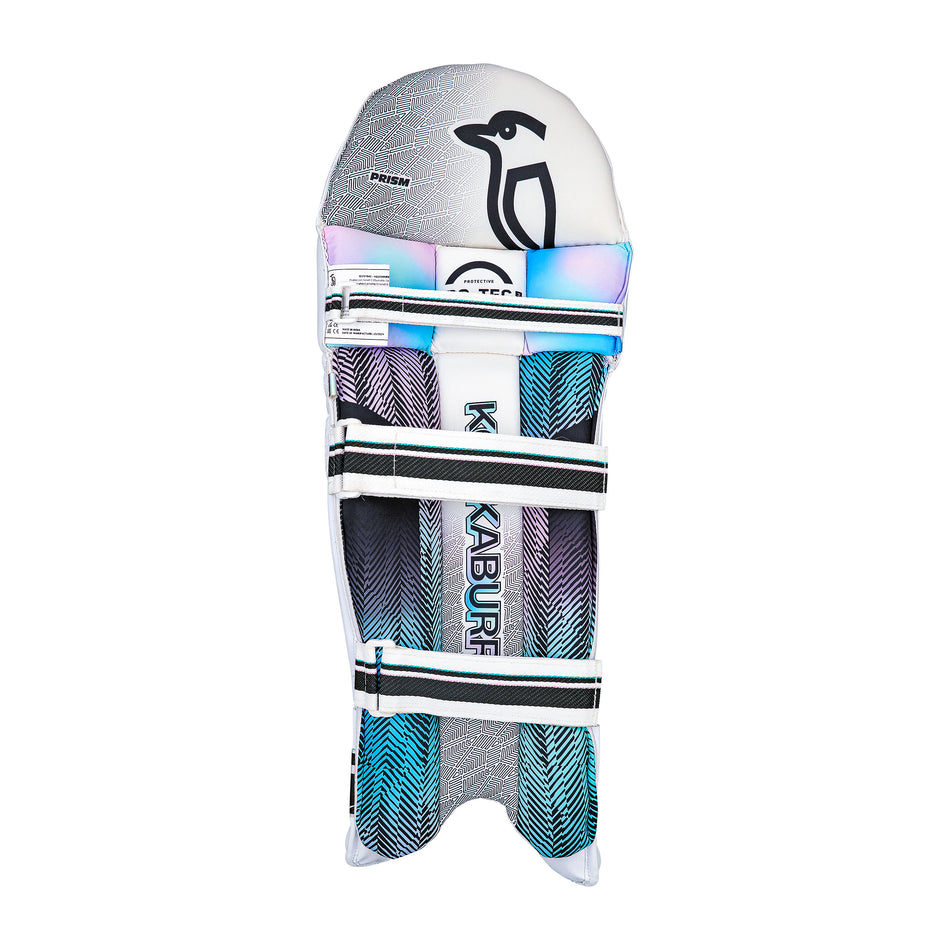 The Kookaburra Prism 4.1 Batting Pads 2026 by Kookaburra feature three padded Velcro straps, a bold logo on top, and white inner padding with blue and purple accents—ideal club-level protection for cricket batting.