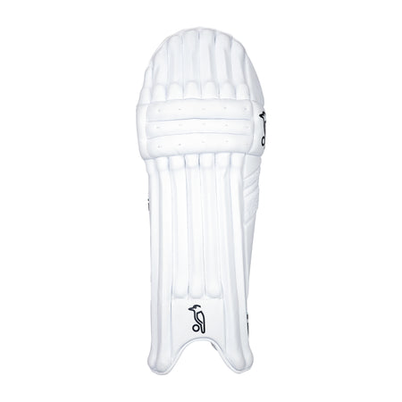 The Kookaburra Prism 4.1 Batting Pads 2026 feature padded ridges and reinforced stitching for club-level cricket protection, shown in white against a plain background. Ideal for cricket enthusiasts seeking reliable Kookaburra quality.