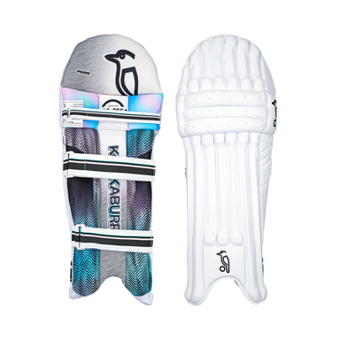 The Kookaburra Prism 4.1 Batting Pads 2026 by Kookaburra are shown front and back, featuring a plain front with vertical ridges and a back with straps, colored lining, and the brand's black bird logo for cricket batting protection.
