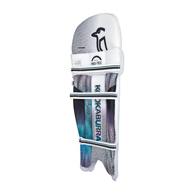 The Kookaburra Prism 6.1 Batting Pads 2026 in white and grey feature the Kookaburra logo, black and blue accents, protective padding, and three fastening straps—perfect entry-level cricket pads for new players.