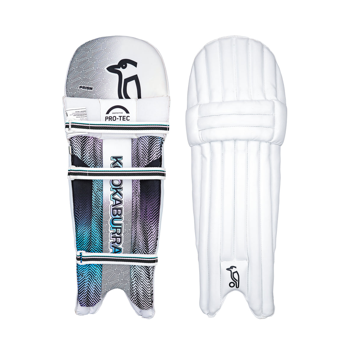 Two white Kookaburra Prism 6.1 Batting Pads 2026 are shown: one displays the front with vertical padding and the Kookaburra logo, the other shows the back with straps, branding, and a blue-purple patterned lining—ideal for entry-level cricketers.