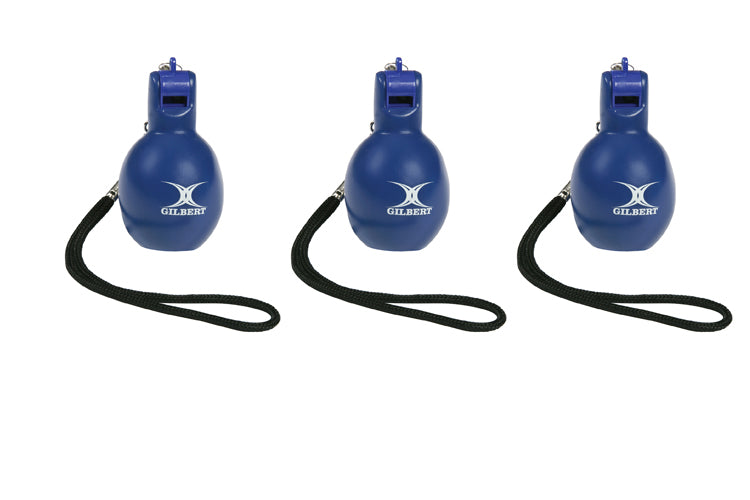 Three Gilbert Squeezy Whistle coaching whistles, blue with black wrist lanyards, arranged in a row on a white background—perfect for PE teachers or anyone needing a dependable hand-operated whistle.