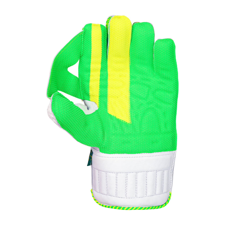 The Kookaburra LC Pro Wicket Keeping Gloves 2026 by Kookaburra are bright green and yellow with a textured surface, white padded wrist cuff for shock absorption, reinforced stitching, and are shown palm out on a white background.